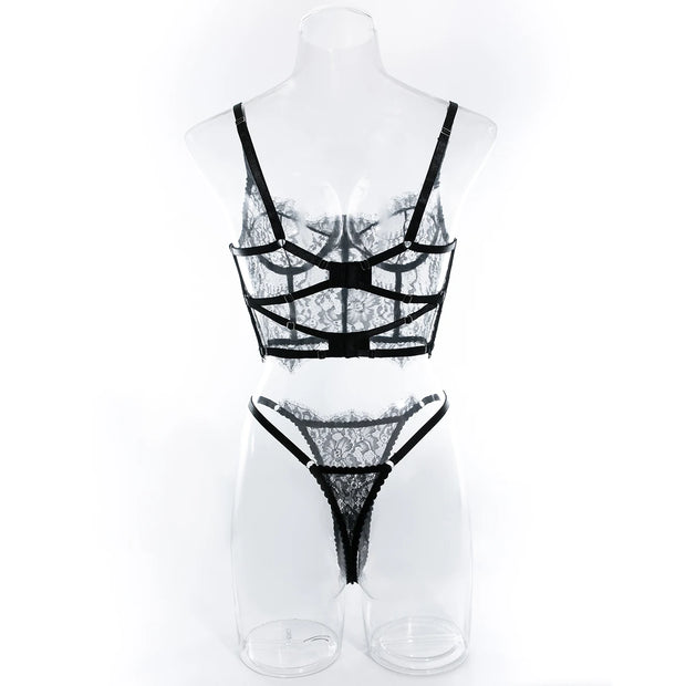 Krasapt Bustier Floral Lace Sexy Lingerie Set Bra Brief Sets Women Underwear Transparent Unlined Hollow Eyelash Lace Sex Suit