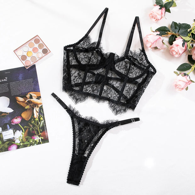 Krasapt Bustier Floral Lace Sexy Lingerie Set Bra Brief Sets Women Underwear Transparent Unlined Hollow Eyelash Lace Sex Suit