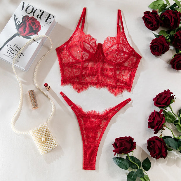 Krasapt Bustier Floral Lace Sexy Lingerie Set Bra Brief Sets Women Underwear Transparent Unlined Hollow Eyelash Lace Sex Suit